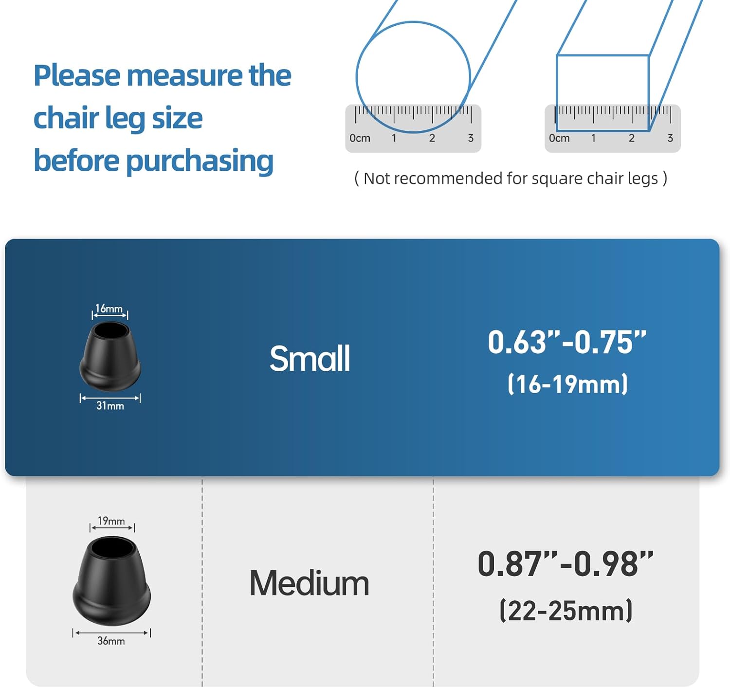 0.75 Inch Heavy Duty Rubber Chair Leg Caps - 24 PCS Non-Slip Furniture Floor Protectors with Metal