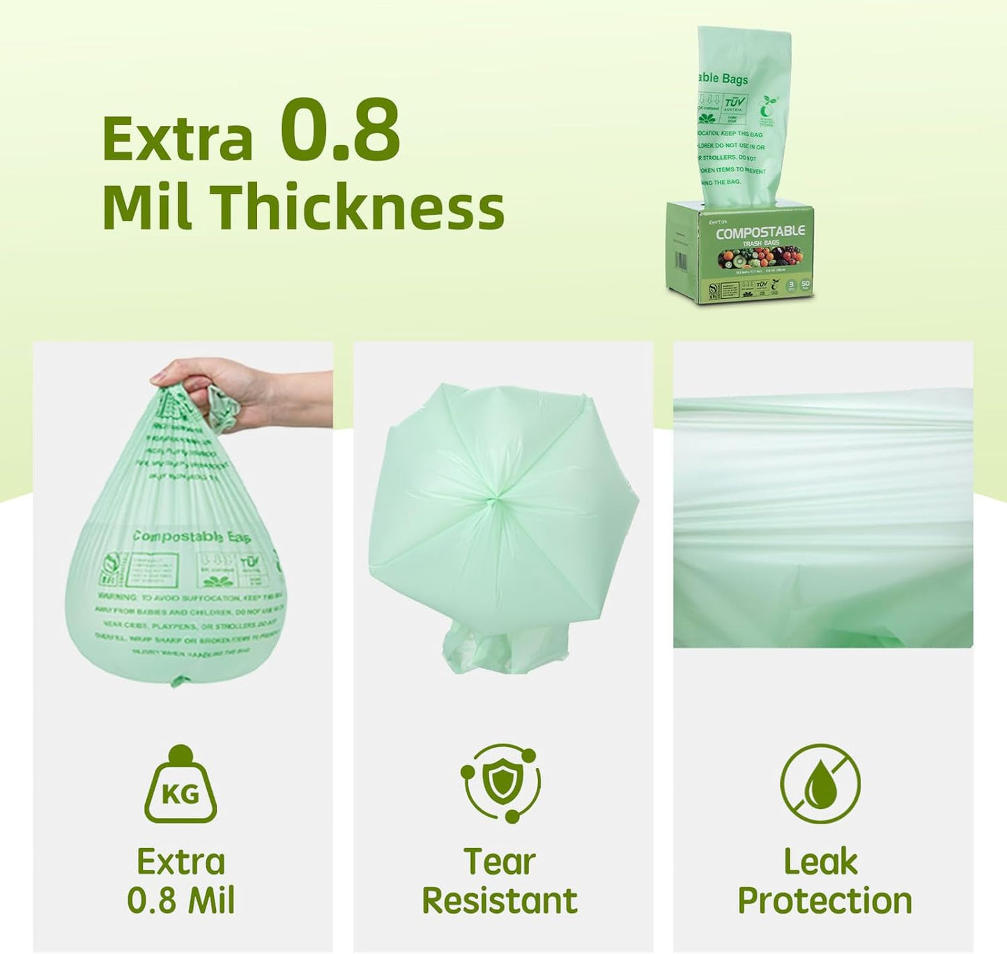 Compostable Trash Bags, Small Compost Bags 3 Gallon, Extra Thick 0.8 Mils, 16.9" x 17.7", 50 Count