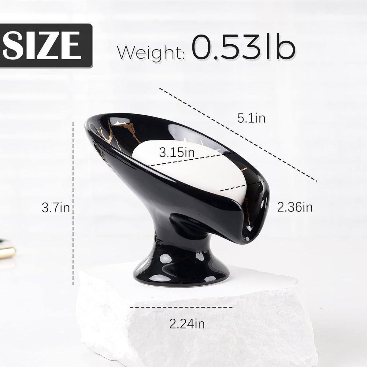 Soap Dish, Ceramic Soap Holder Self Draining Leaf Shape Bar Soap Holder, Marble Look Black Drain