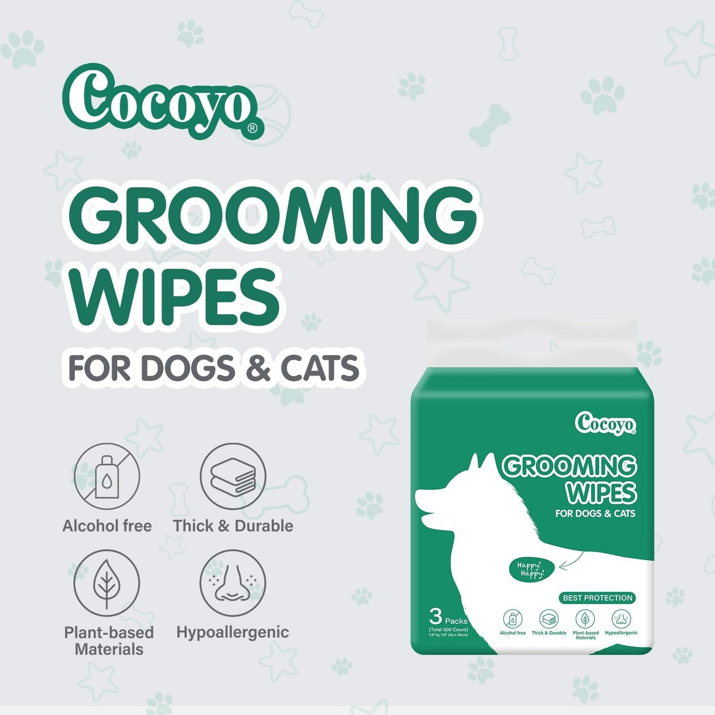 COCOYO Disposable Wet Wipes for Dogs & Cats I 300 Wipes for Cleaning and Deodorizing - Plant-Based