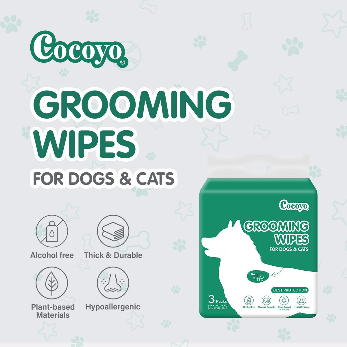 COCOYO Disposable Wet Wipes for Dogs & Cats I 300 Wipes for Cleaning and Deodorizing - Plant-Based
