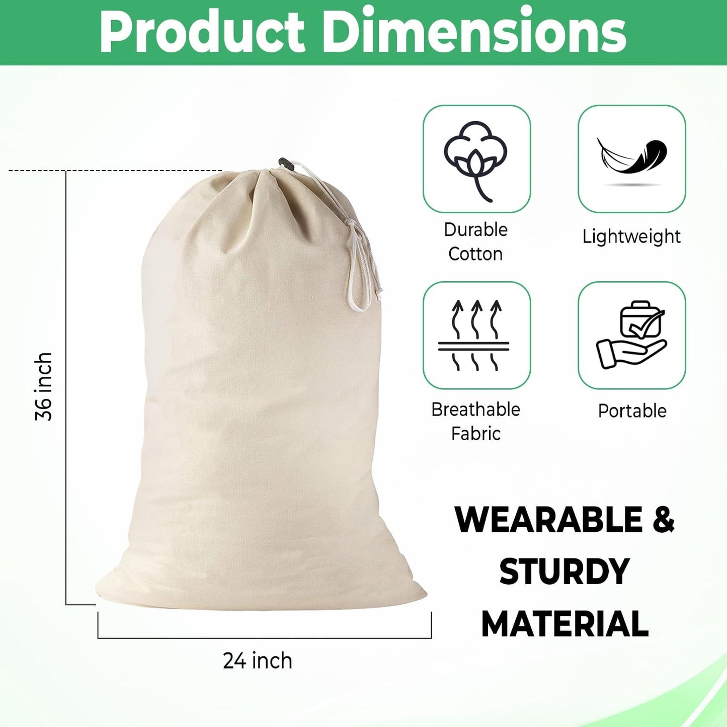 Large Cotton Laundry Bag, Heavy Duty Large Laundry Bags 24 x 36 inch Drawstring Travel Organizer