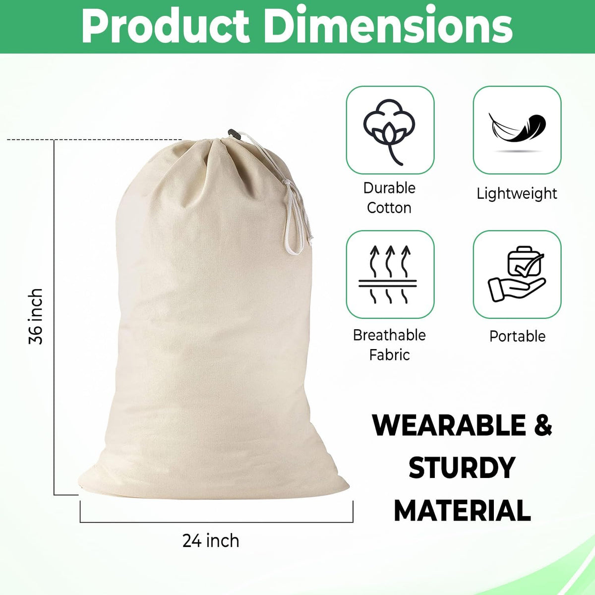 Large Cotton Laundry Bag, Heavy Duty Large Laundry Bags 24 x 36 inch Drawstring Travel Organizer