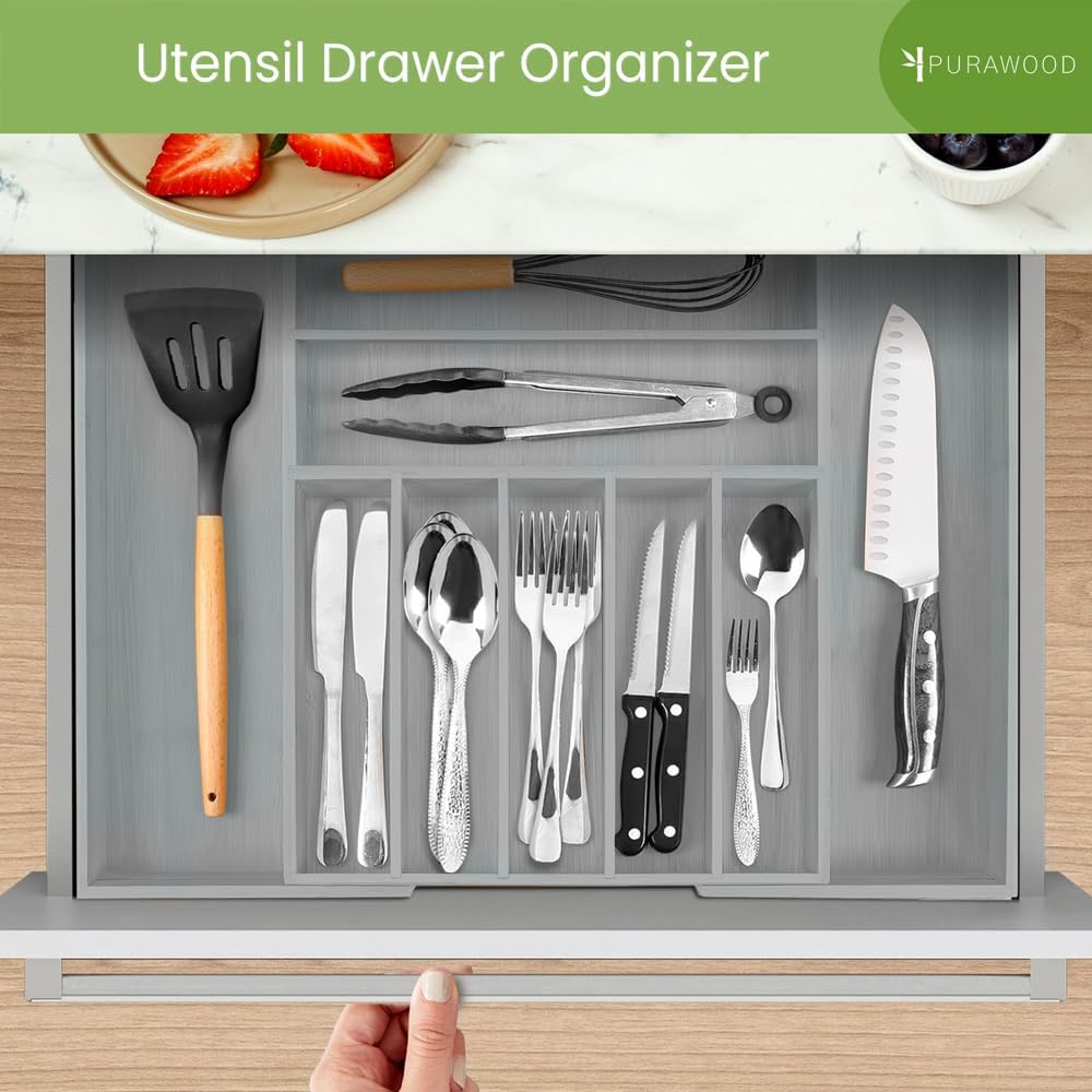Purawood Bamboo Drawer Organizer - Expandable Silverware Organizer & Utensil Organizer, Cutlery