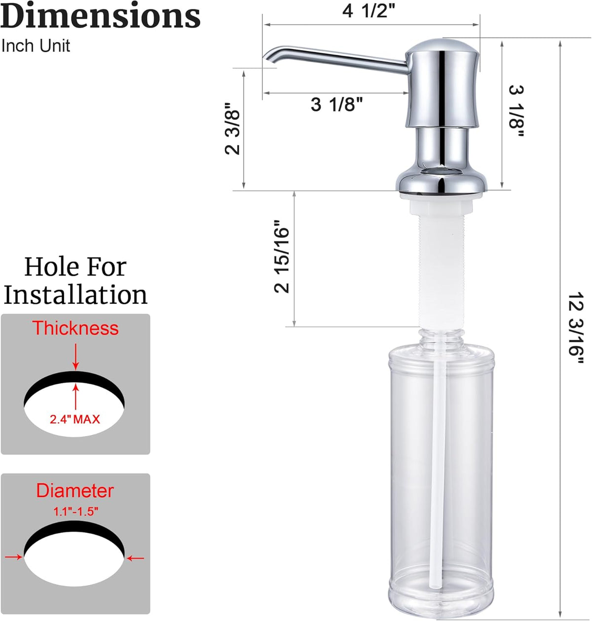 Soap Dispenser for Kitchen Sink Chrome Upgrade Built-in and Refill-from-Top Design with Liquid Hand