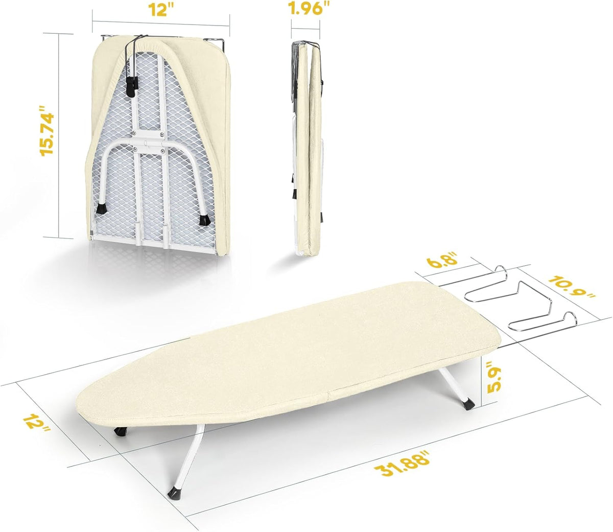 Metal Small Ironing Board Tabletop 31x12, RAINHOL Countertop Mini Iron Board Foldable with Cotton