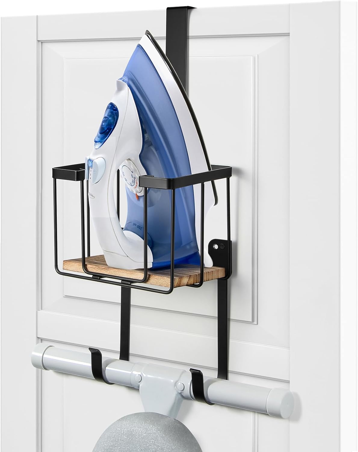 TJ.MOREE Wall Mount/Over The Door Ironing Board Holder with Large Storage Basket, Laundry Room Iron
