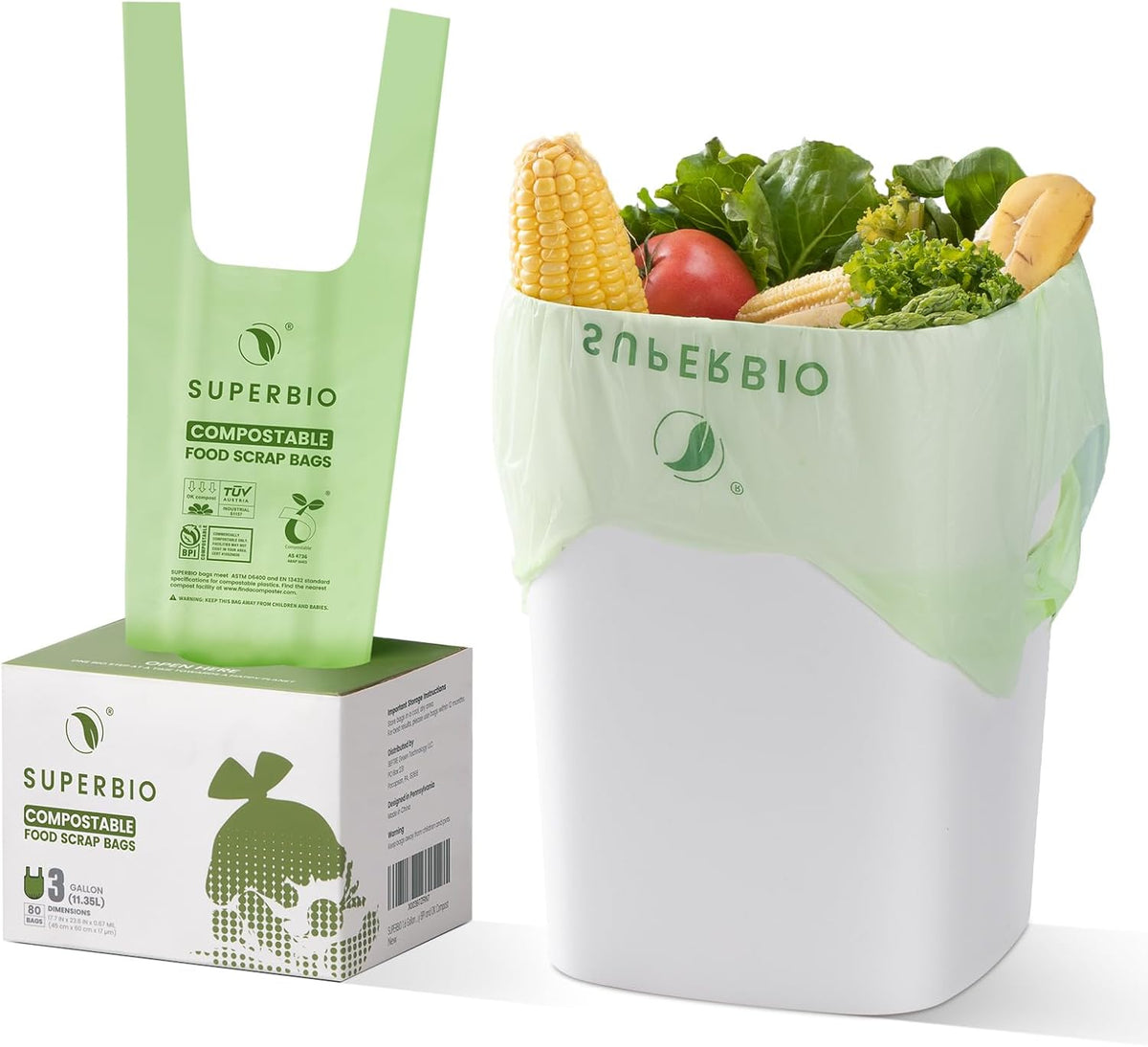 SUPERBIO 3 Gallon Compostable Food Waste Bags, 80 Count, Food Scrap Bags with Handles, ASTM D6400