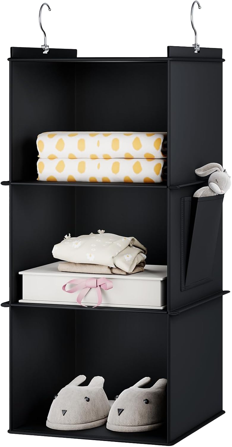 YOUDENOVA Hanging Closet Organizer, 3-Shelf Closet Hanging Storage Shelves, Black
