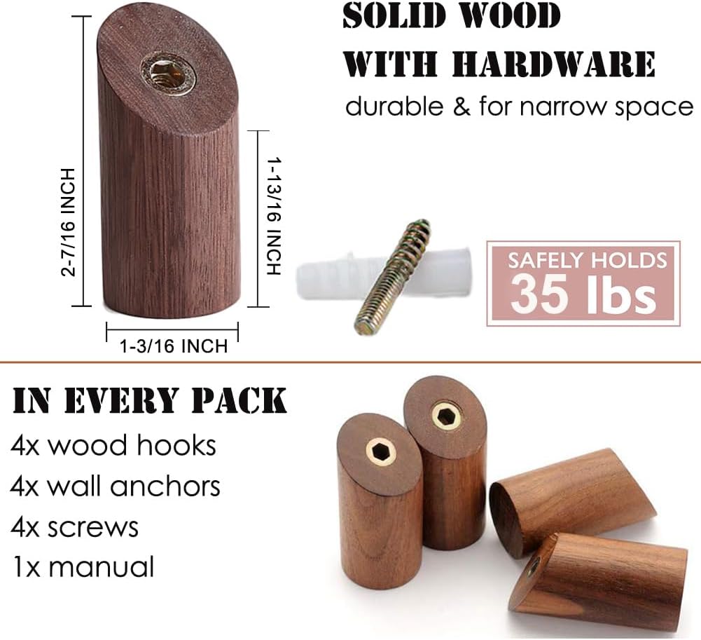 Wood Wall Hooks, 4 Pack Coat Hooks Wall Mounted, Rustic Wooden Heavy Duty Robe Hook Hat Rack, Hooks