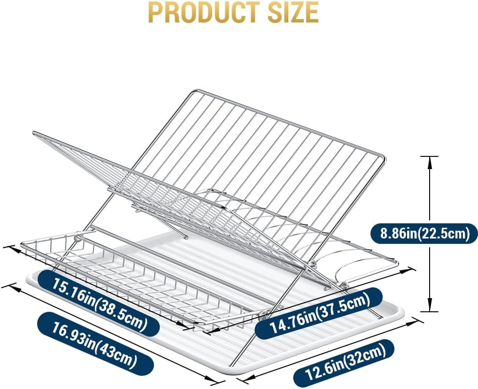 Dish Drying Rack with Drip Tray, 3 Tier Collapsible Stainless Steel Dish Drainer, Plate Rack Holder