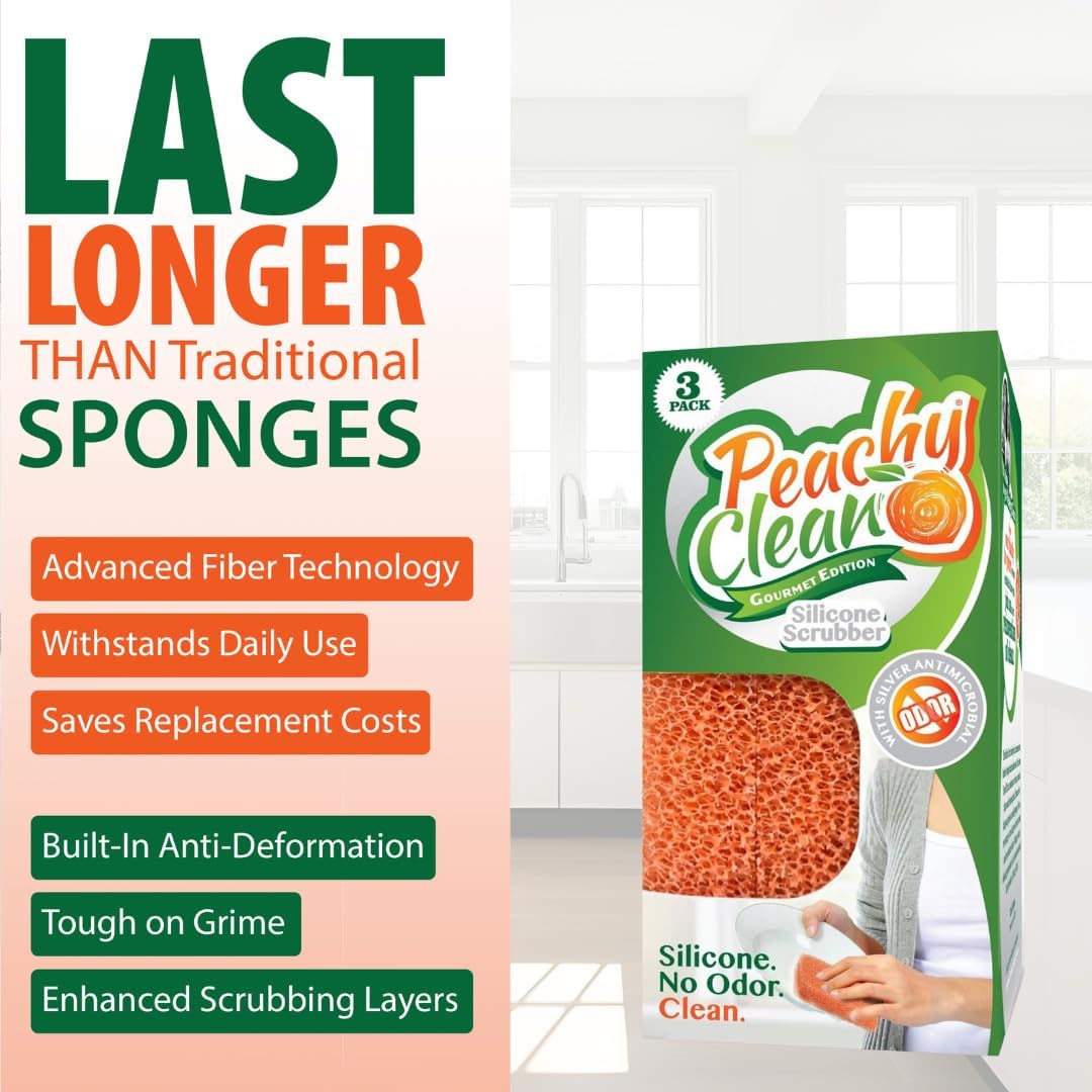 Peachy Clean Silicone Dish Sponge Scrubbers, Fresh Peach Scent, Non-Scratch, Odor-Resistant