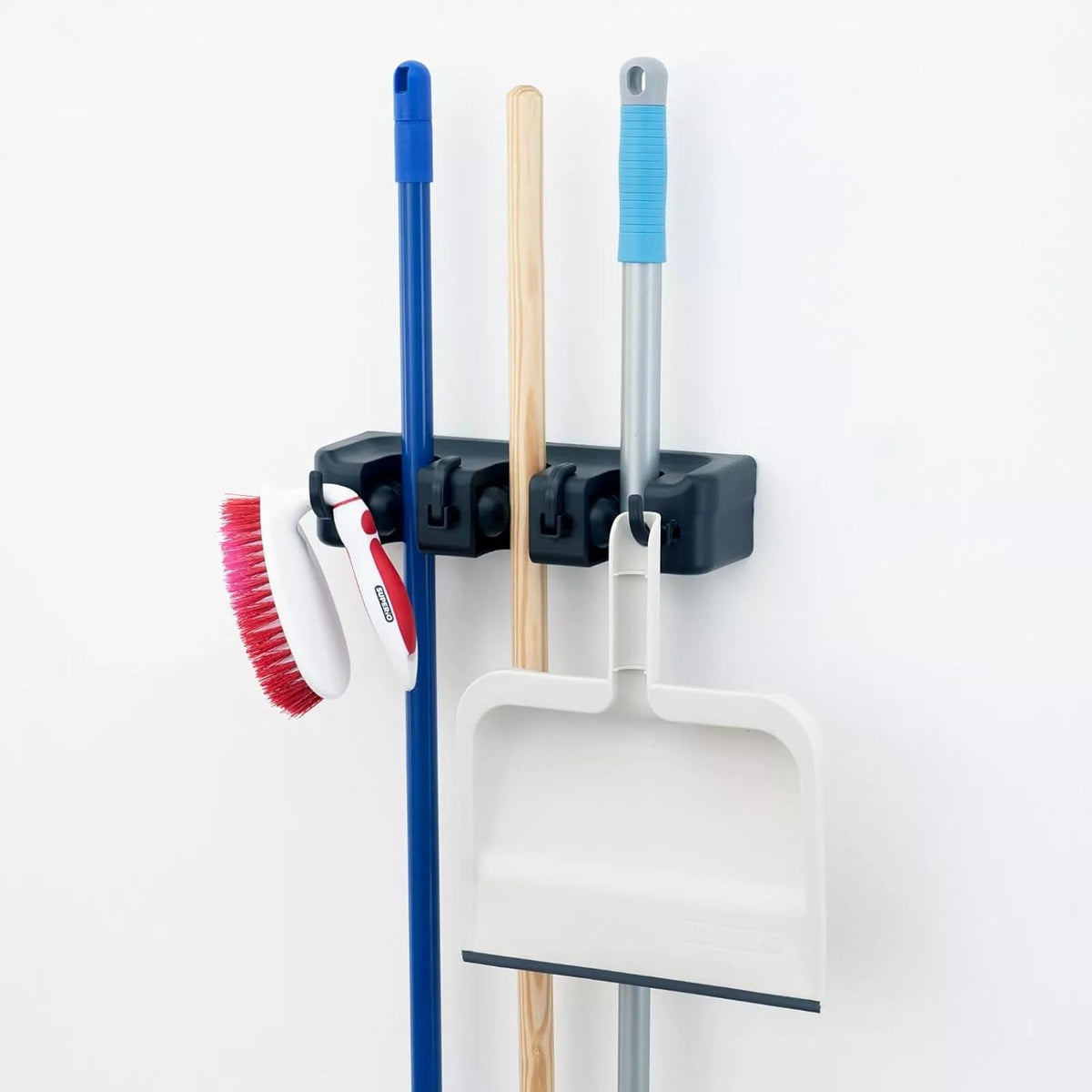 Broom and Mop Holder Wall Mount, Hooks Hanger for Mops and Broom, Organizer Kit with 3 Slots and 4