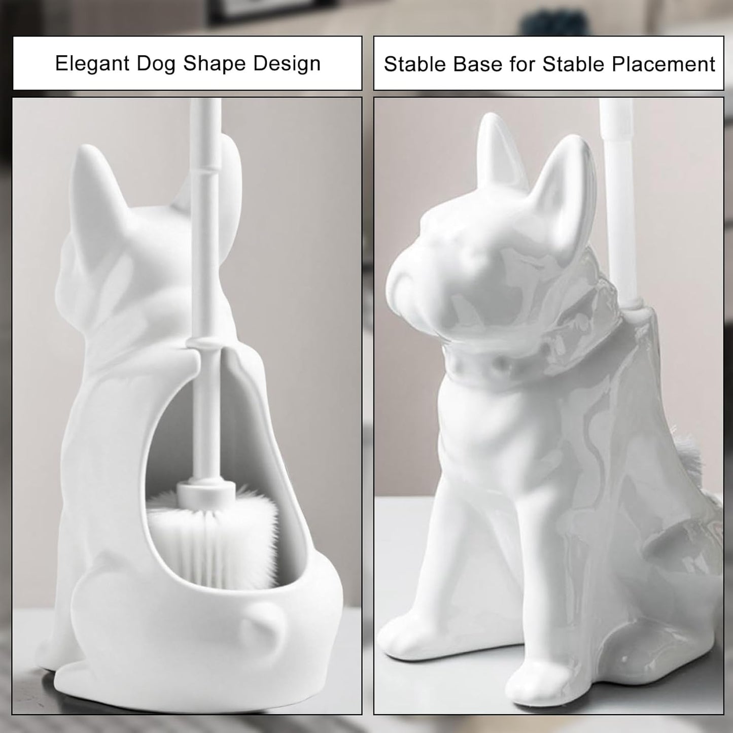 Comeon Ceramic Dog White/Black Toilet Brush and Holder Set, Plastic Handled Scrub Brush for