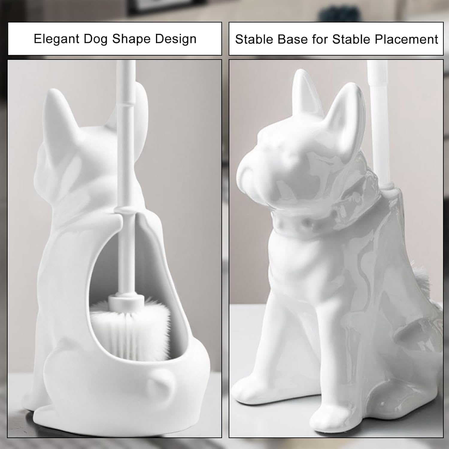Comeon Ceramic Dog White/Black Toilet Brush and Holder Set, Plastic Handled Scrub Brush for