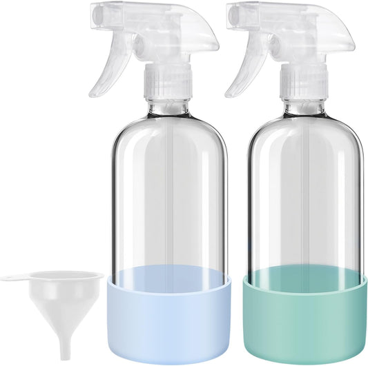 Glass Spray Bottles with Silicone Sleeves (2 Pack, 16 oz), Mist and Stream Empty Refillable
