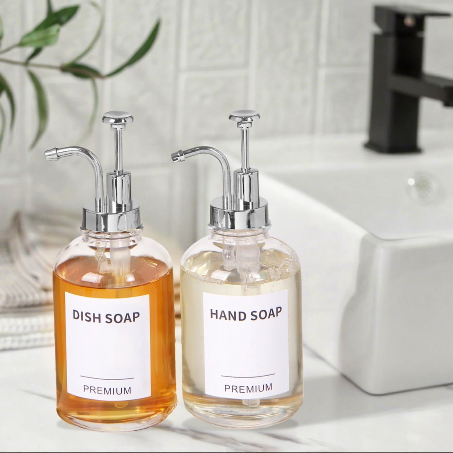 12oz Dish Soap Dispenser for Kitchen, Hand Glass Soap Dispenser Set with Pump, Tray, Funnel for