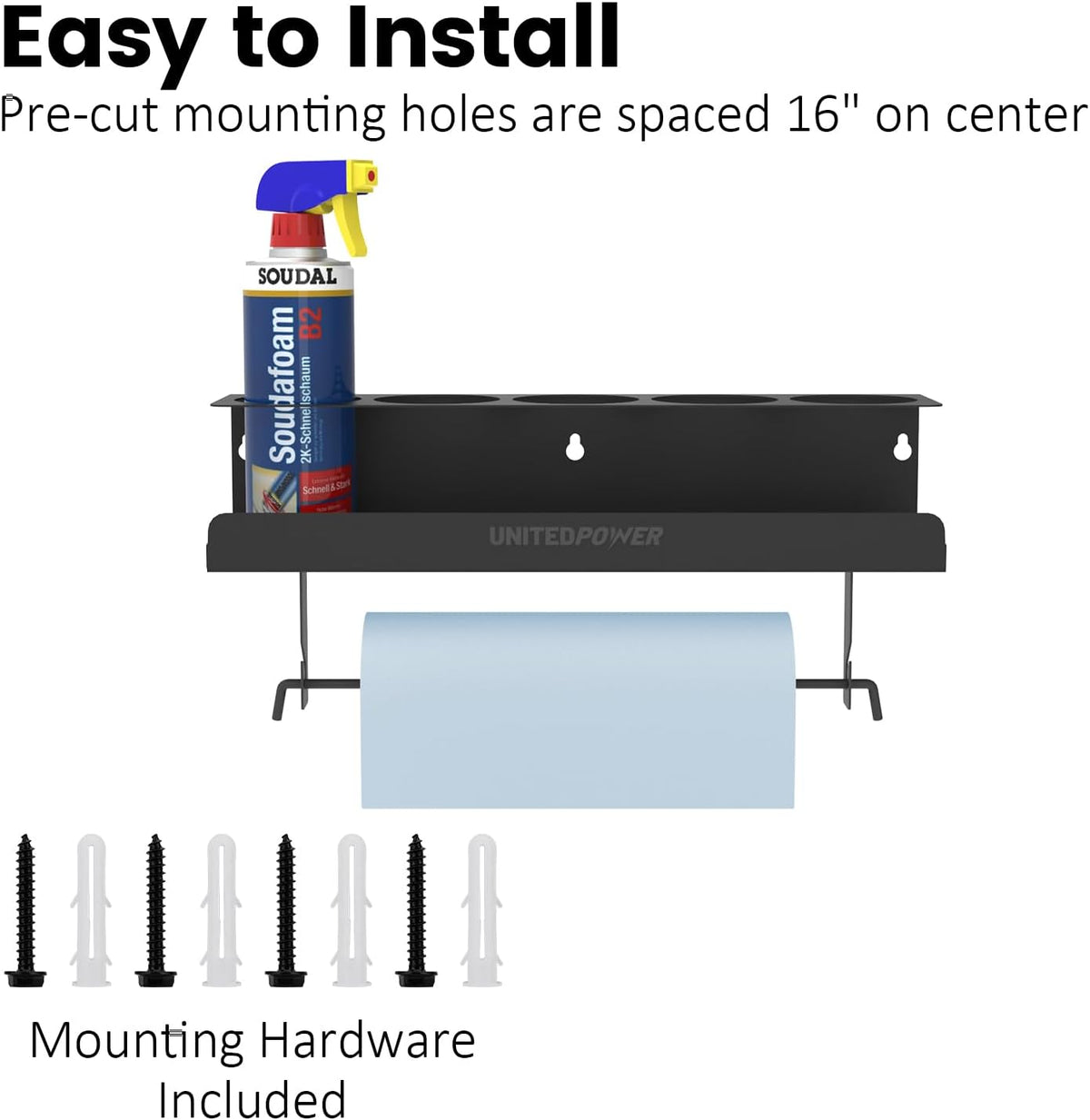 UNITEDPOWER 5 Aerosol Spray Can/Paper Towel Holder, Paint Bottle Storage Rack, Steel Wall Mount