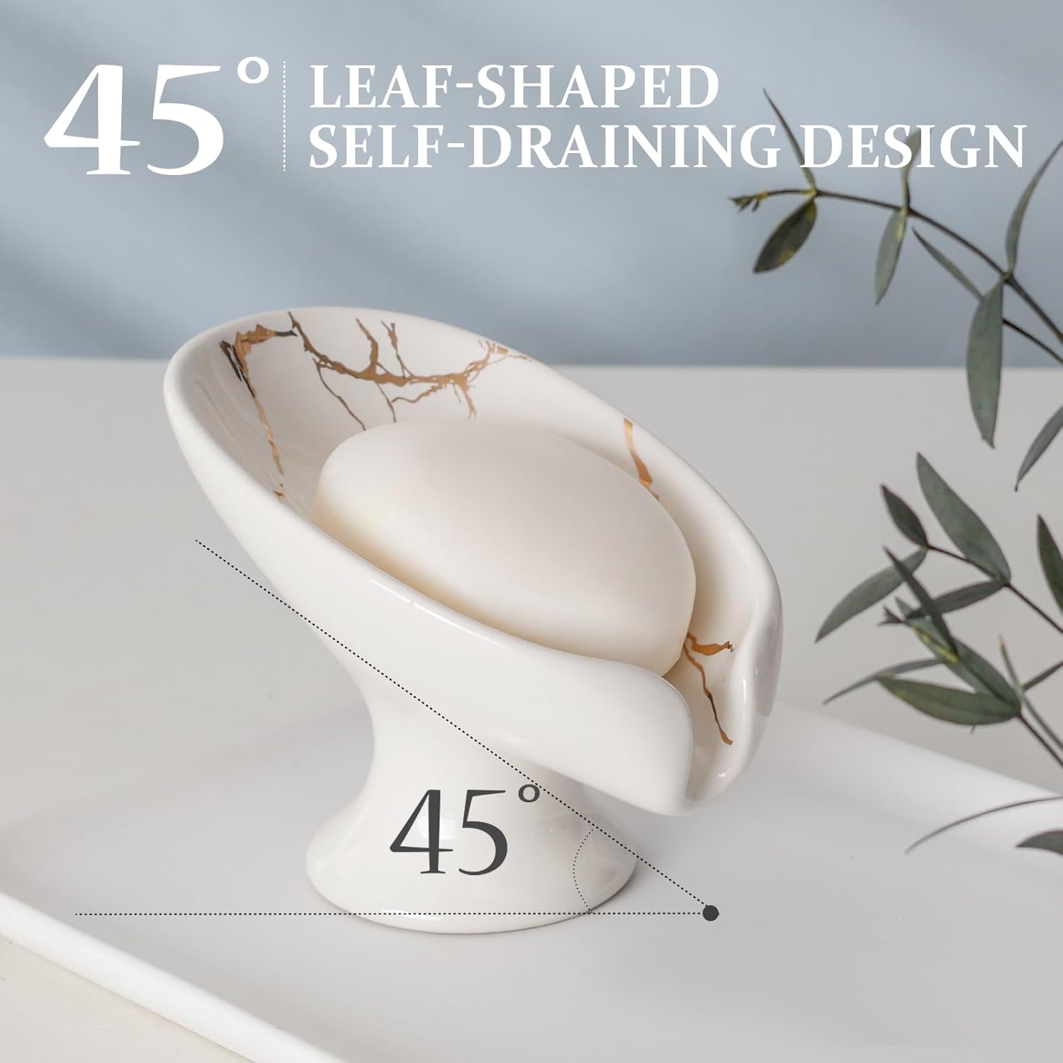 Soap Dish, Soap Holder Self Draining Leaf Shape Soap Dishes, Ceramic Drain Soap Dish for Sink