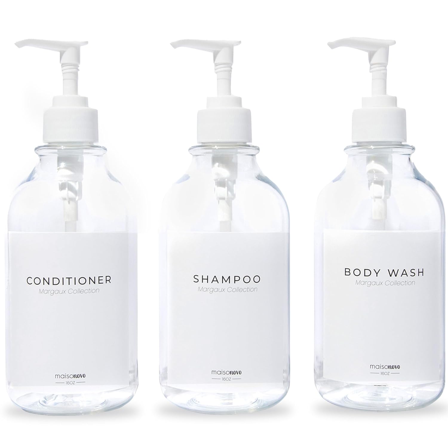 MaisoNovo Refillable Shampoo and Conditioner Bottles | 16.9 fl oz Set of 3 Clear Plastic Bottles