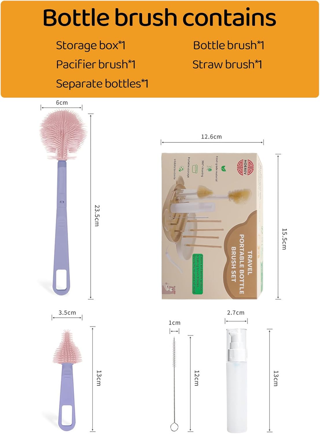 HOEREV Portable Baby Silicone Bottle Brush Set Include Pacifier Brush, Straw Brush, draining Rack