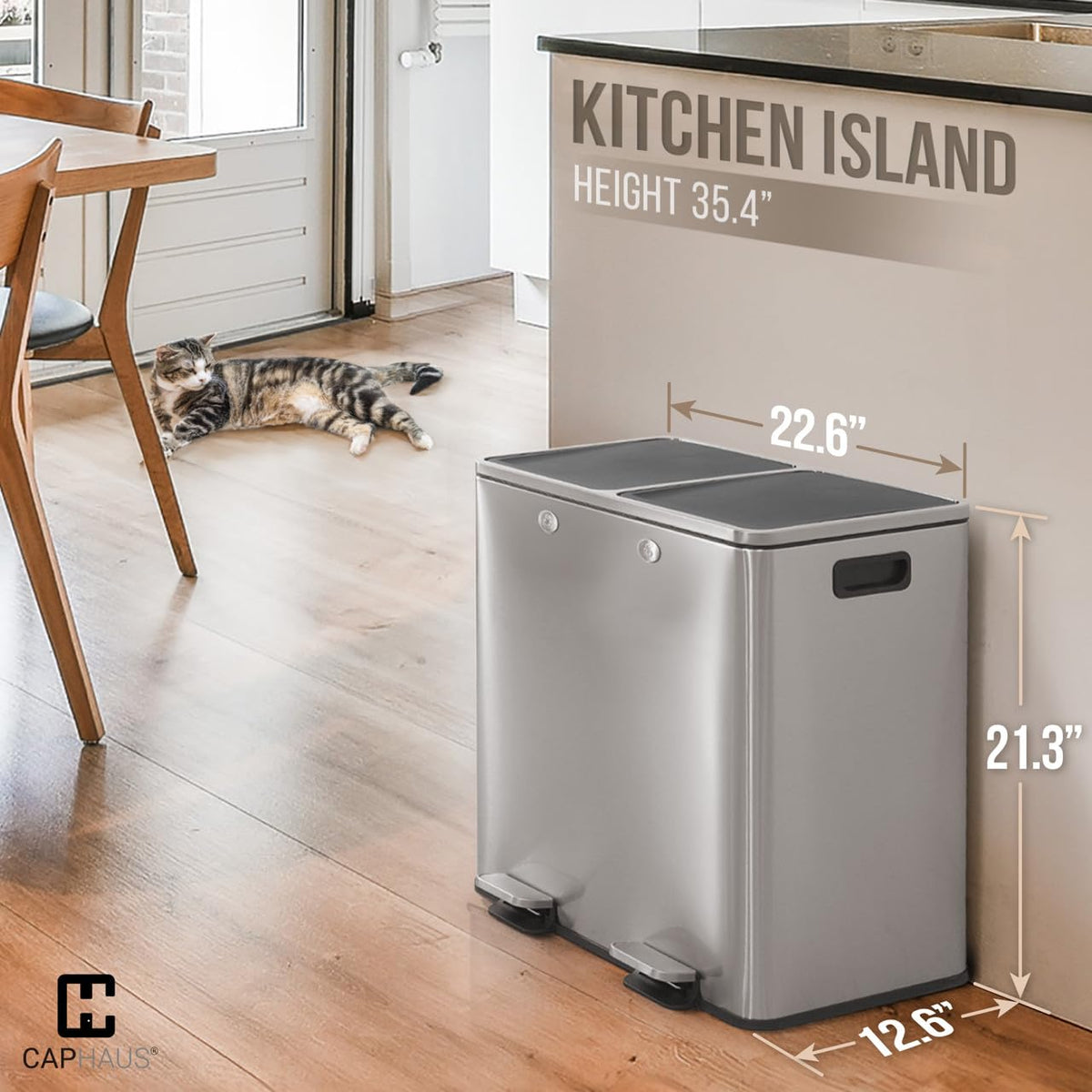 CAPHAUS Dual Trash Can with Double Lid, Trash and Recycle Bins Combo, Hands-free Stainless-Steel