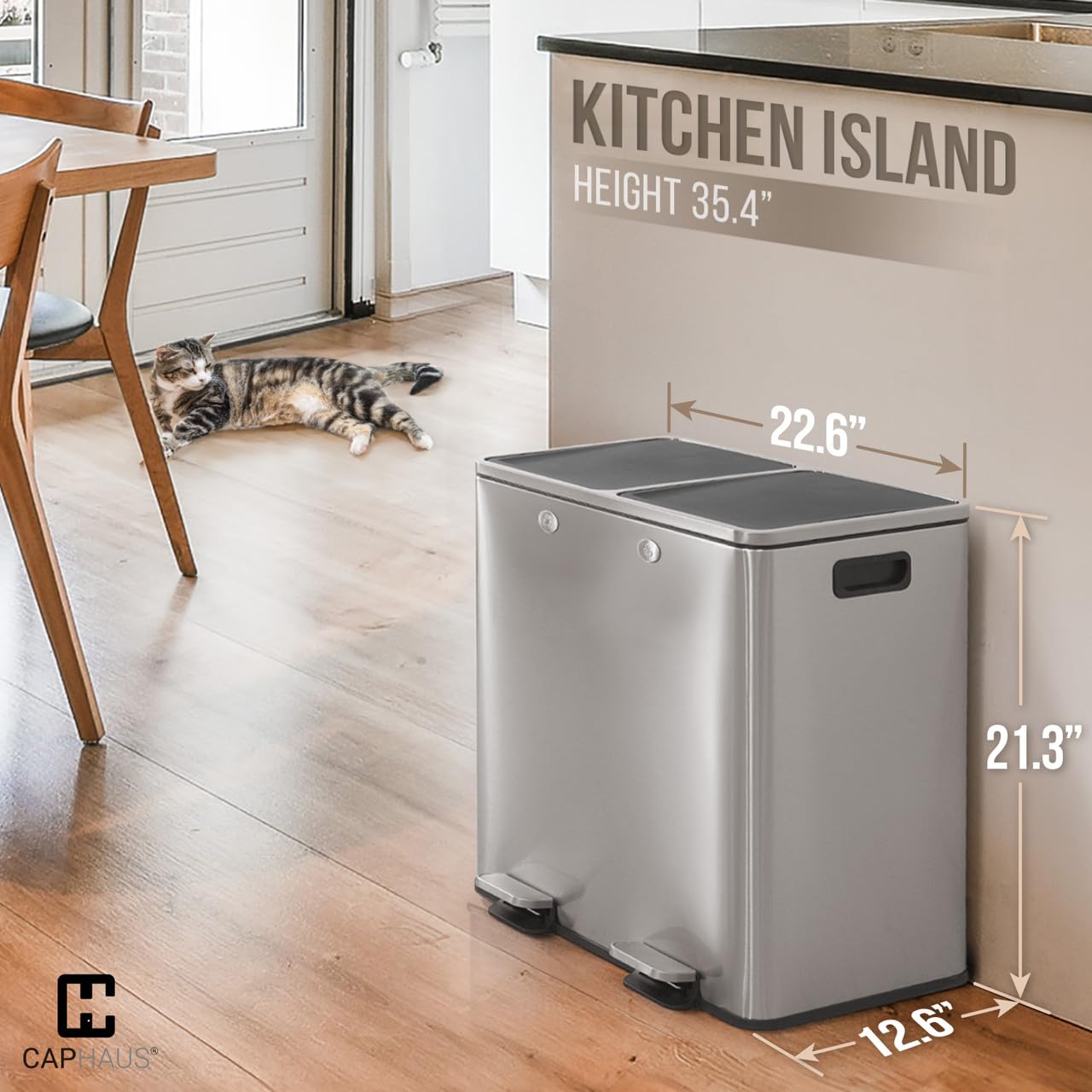 CAPHAUS Dual Trash Can with Double Lid, Trash and Recycle Bins Combo, Hands-free Stainless-Steel
