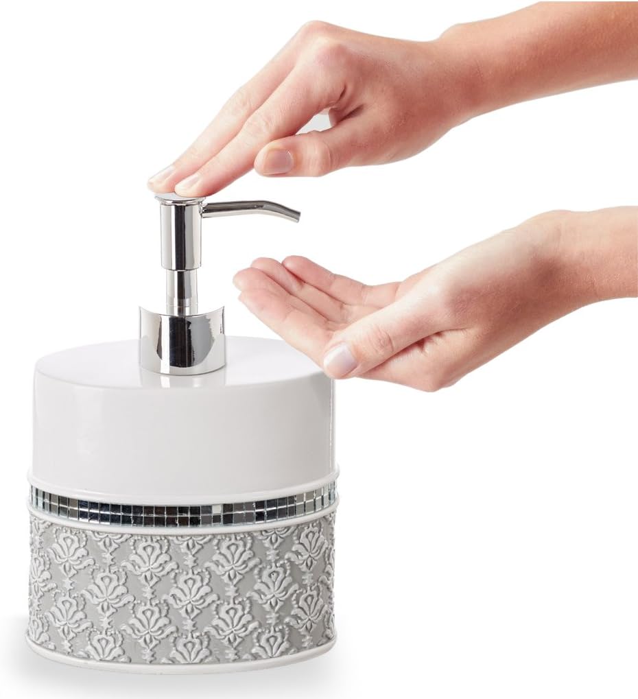 Creative Scents Mirror Damask White and Gray Bathroom Accessories Set - 6 Piece Bathroom Accessory