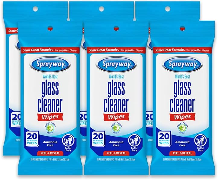 Sprayway Glass Cleaner Wipes, 20ct, Pack of 12, On-the-Go Resealable Package, Pre-Moistened