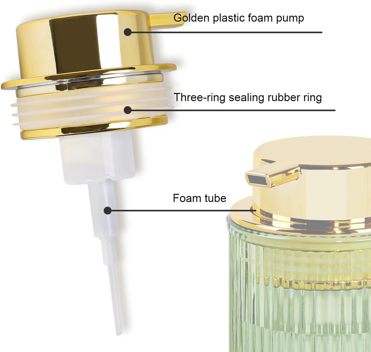 Green Foaming Soap Dispenser, 12 Oz Glass Foaming Hand Soap Dispenser with Gold Pump, Bathroom