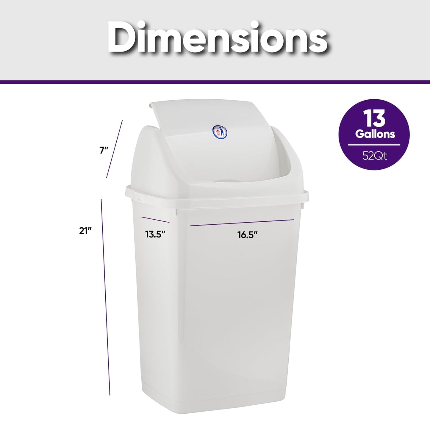 Superio Kitchen Trash Can 13 Gallon with Swing Lid, Plastic Tall Garbage Can Outdoor and Indoor