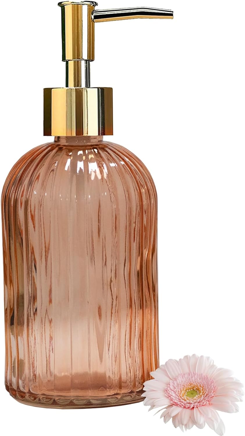 Glass Soap Dispenser with Gold Plastic Pump, 13.5oz Refillable Liquid Hand Soap Dispenser, Crystal