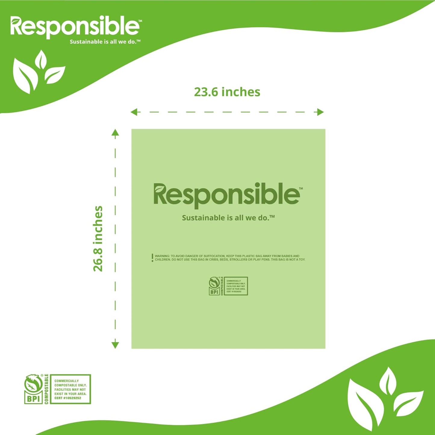 Responsible Products Kitchen Bin Liners, Certified Compostable, Heavy Duty Multipurpose Food Scrap