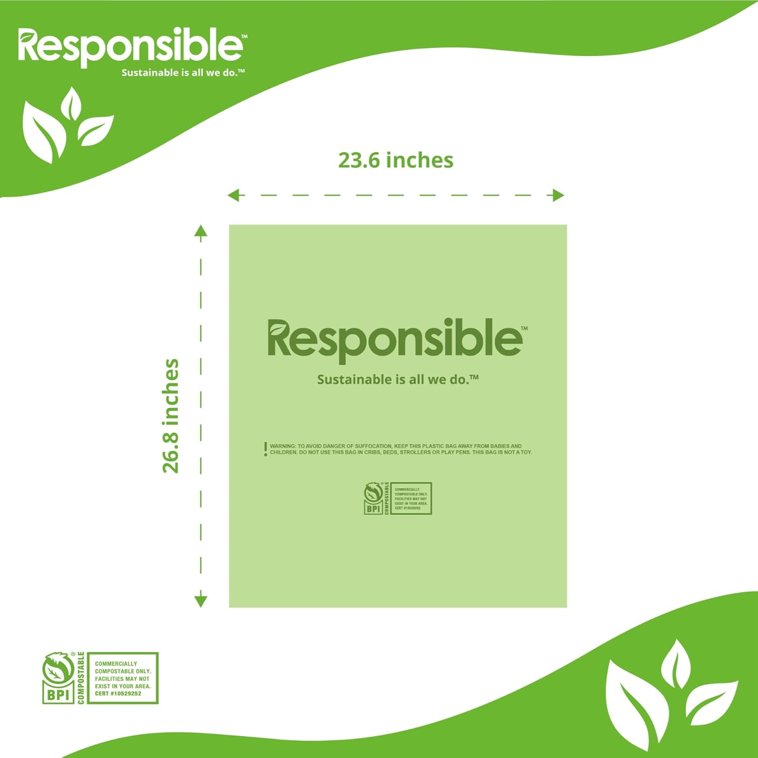 Responsible Products Kitchen Bin Liners, Certified Compostable, Heavy Duty Multipurpose Food Scrap