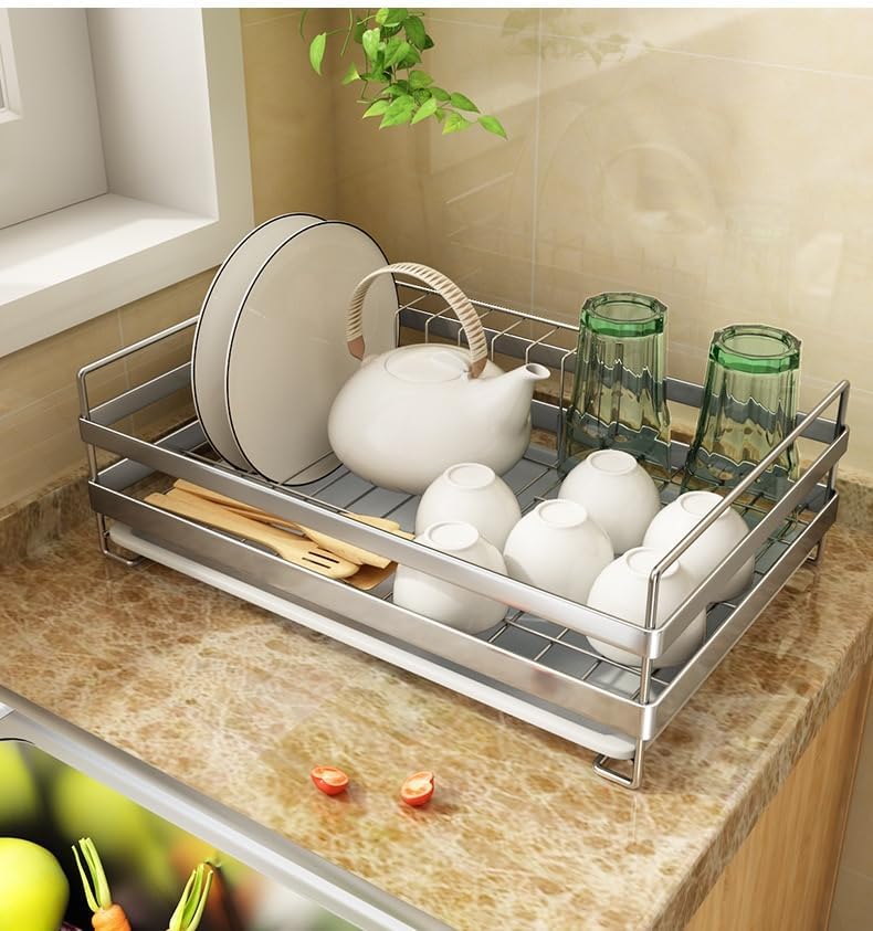Stainless Steel Dish Racks for Kitchen Counter - Large Dish Drying Rack with Pull Drain Tray, Over