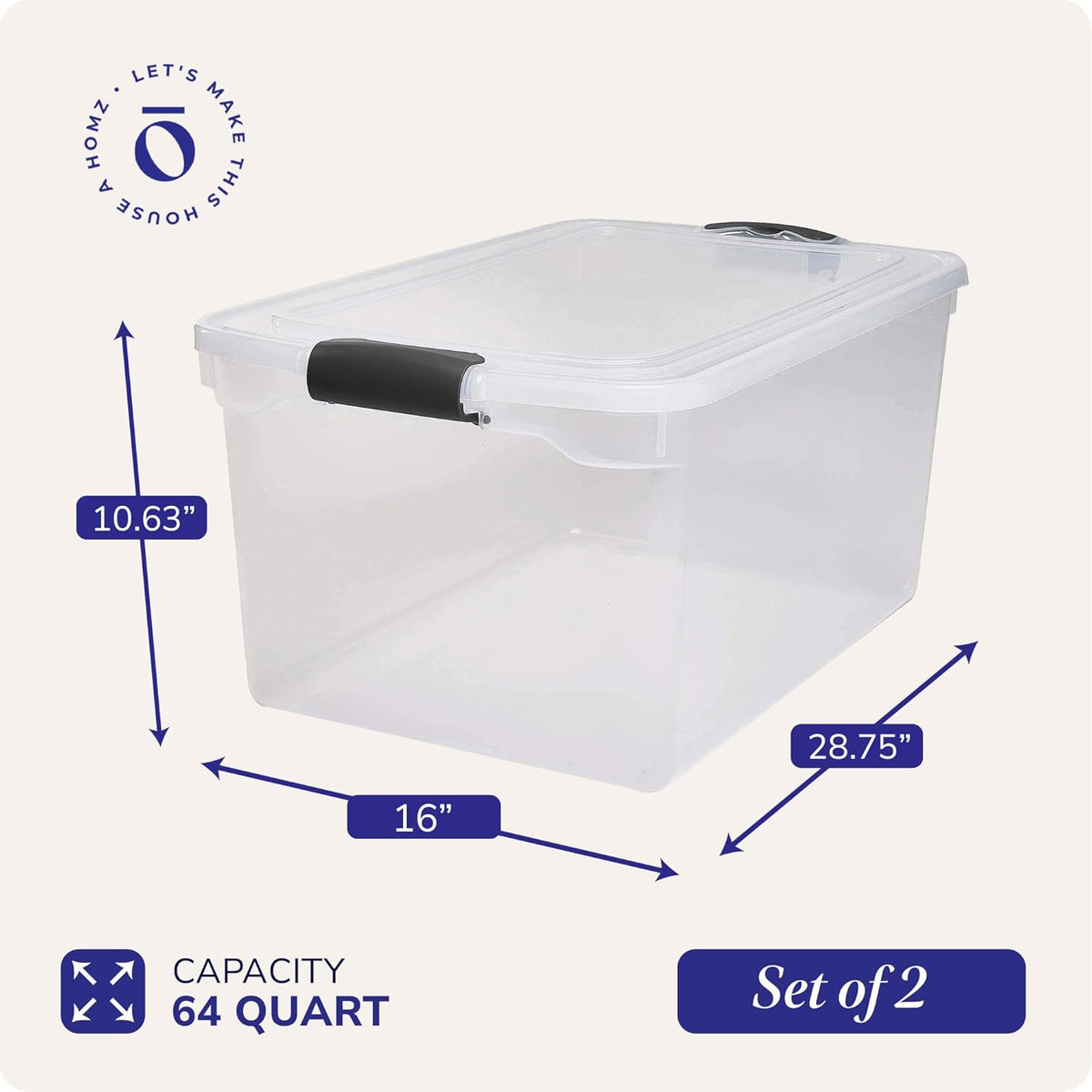 HOMZ 2-Pack Secure Latch, Clear Plastic Storage Organizer Bins, 64 Quart, Gray Latches - Stackable