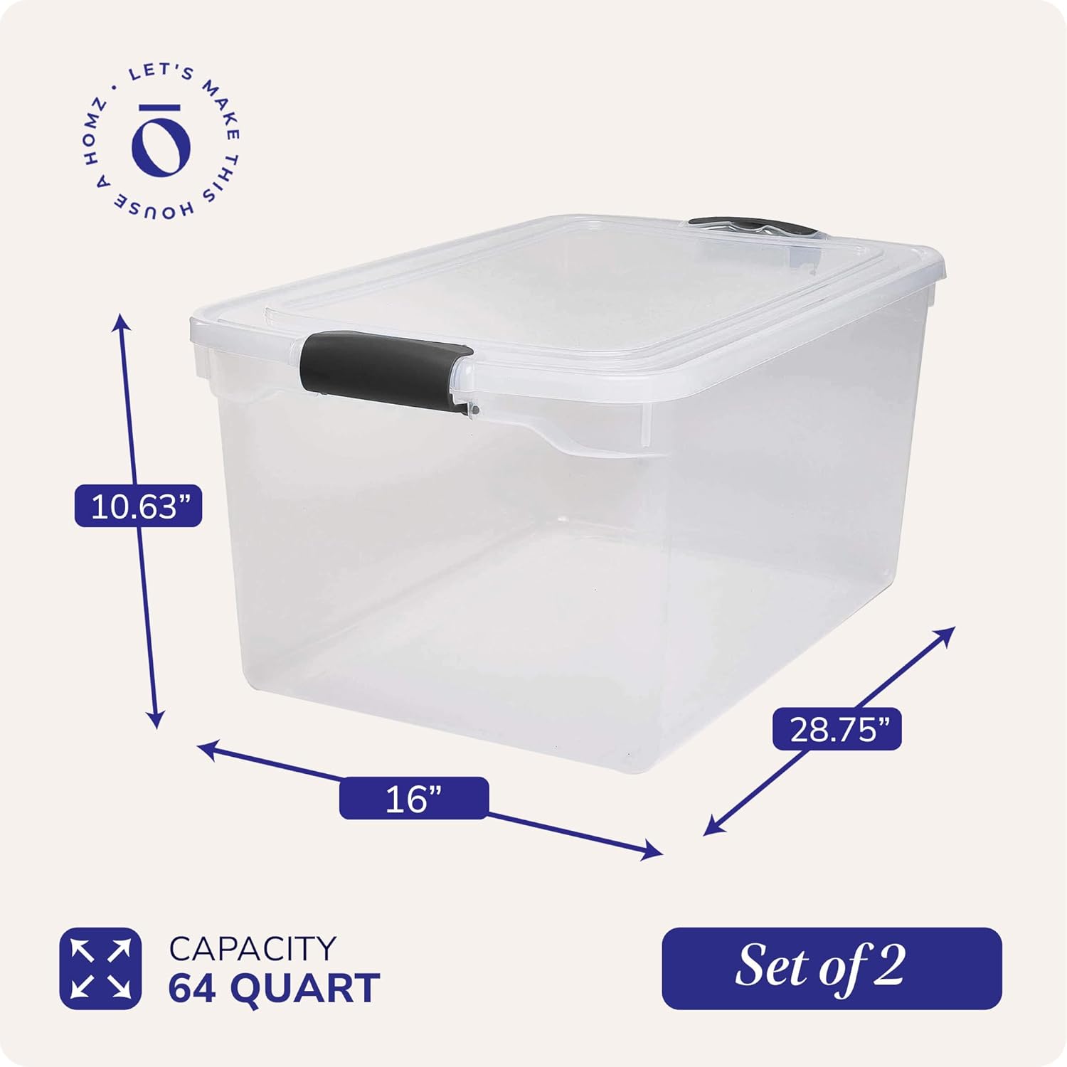 HOMZ 2-Pack Secure Latch, Clear Plastic Storage Organizer Bins, 64 Quart, Gray Latches - Stackable