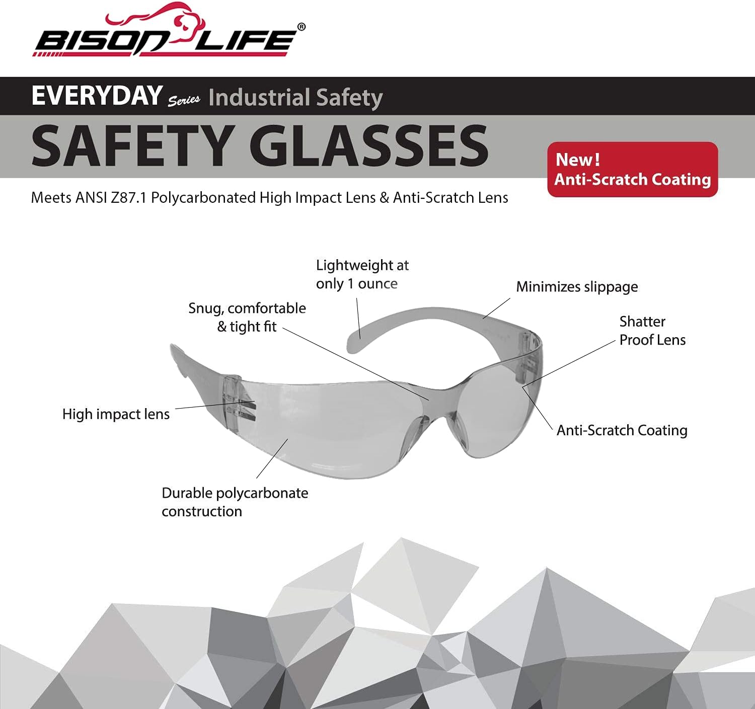 BISON LIFE Safety Glasses - Scratch Resistant Wrap Around Eyewear, Polycarbonate ANSI Z87.1 Impact