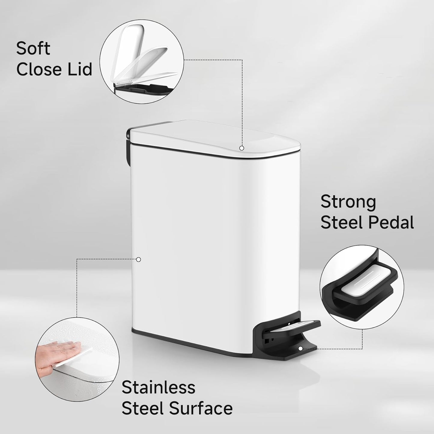 TIPGO Slim Bathroom Trash Can with Lid Soft Close, Step Pedal, 6 Liter / 1.6 Gallon Stainless Steel