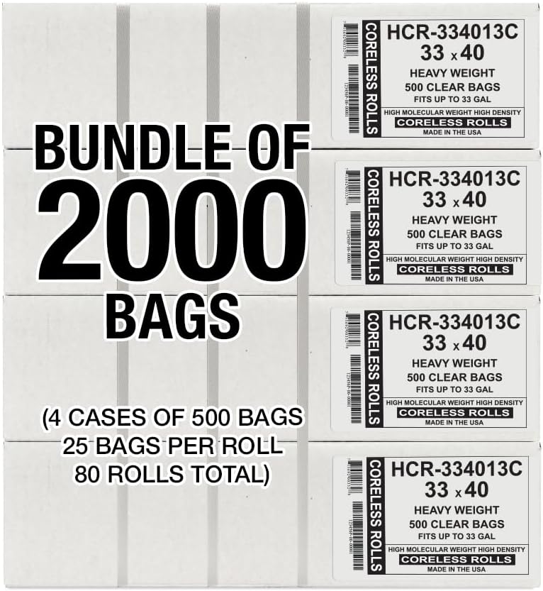Aluf Plastics High Density Trash Bags, 33 Gallon, 2000 Count, 13 Micron (eq), 33" x 40", Clear, for
