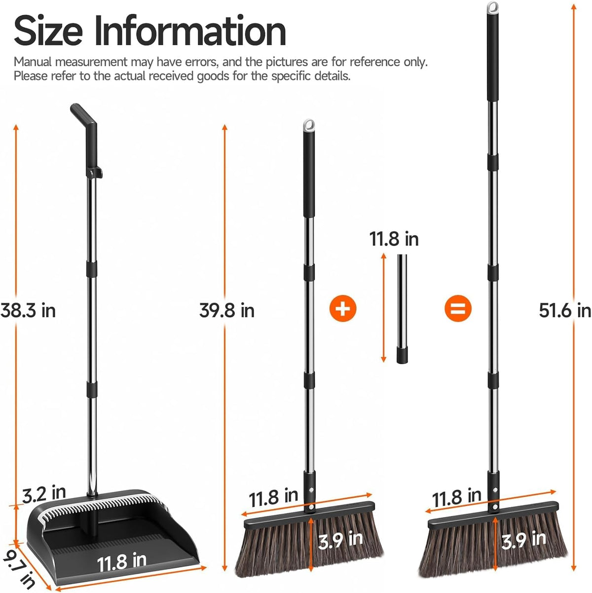 Broom and Dustpan Set for Home, Extra Brush Head & 51.6" Adjustable Long Handle, with Comb Teeth