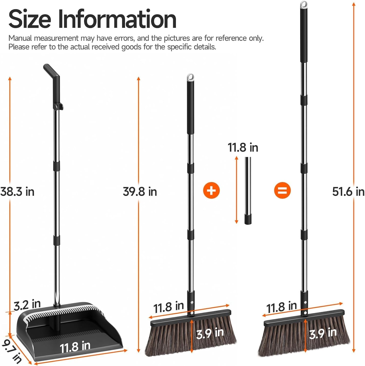 Broom and Dustpan Set for Home, Extra Brush Head & 51.6" Adjustable Long Handle, with Comb Teeth