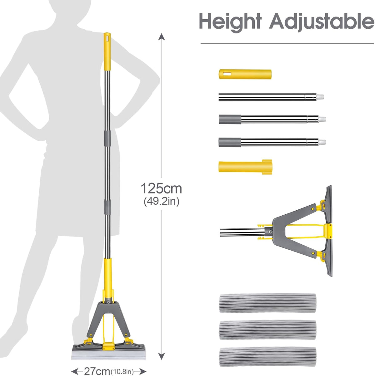 Sponge Mop,Masthome Roller Sponge Mop,Easy Self Squeeze Mop and Stainless Steel Handle,PVA Mops