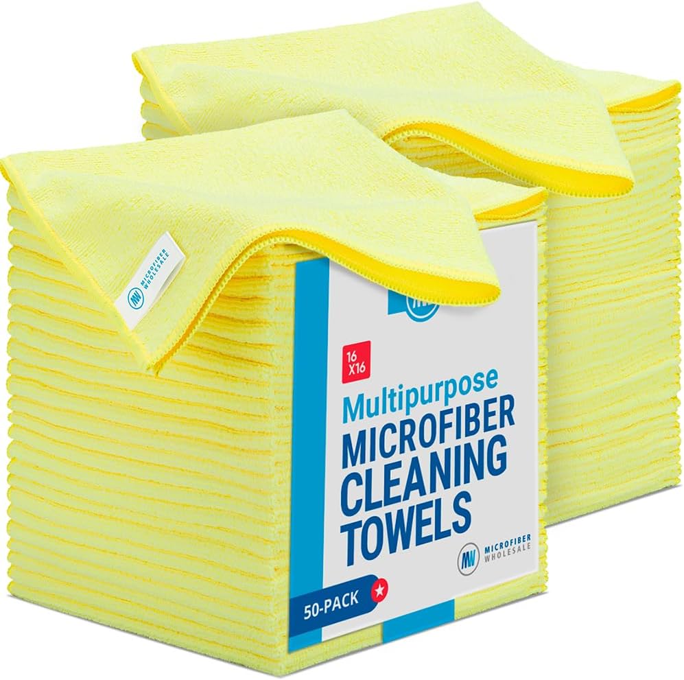 16" x 16" All Purpose Microfiber Towels - 50 Pack - Reusable Wash Cloths, Dust, Kitchen, Car, Shop