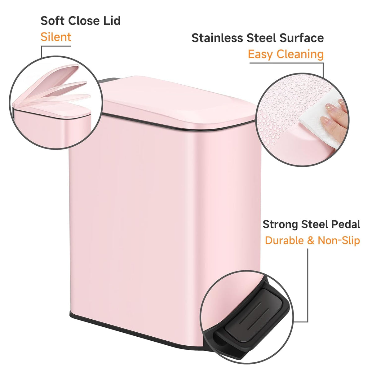 TIPGO Slim Bathroom Trash Can with Lid Soft Close, 6 Liter / 1.6 Gallon Stainless Steel Garbage
