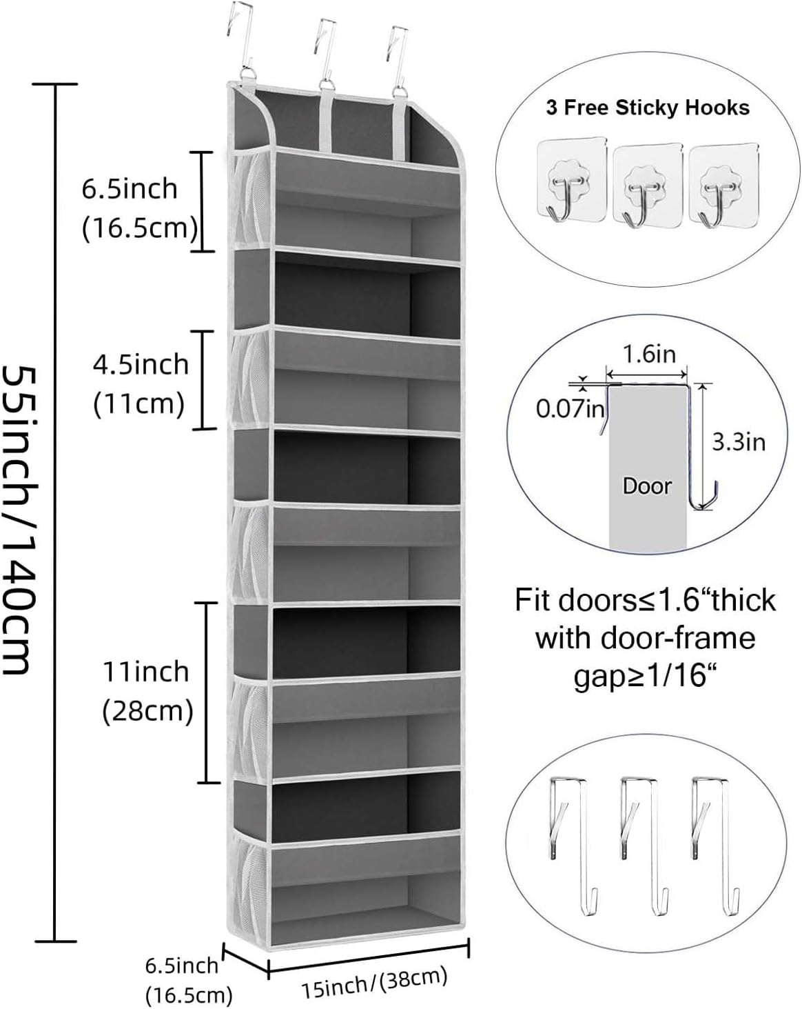 2 Pack Over The Door Storage Organizer with 5 Pockets 10 Mesh Side Pockets, 44 lbs Weight Capacity