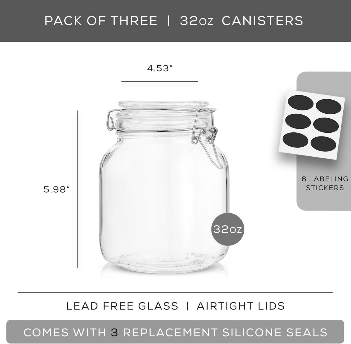 JoyJolt Airtight Glass Jars with Lids Set of 3. 32oz Glass Jar with Lid and 6 Silicone Seals! Med