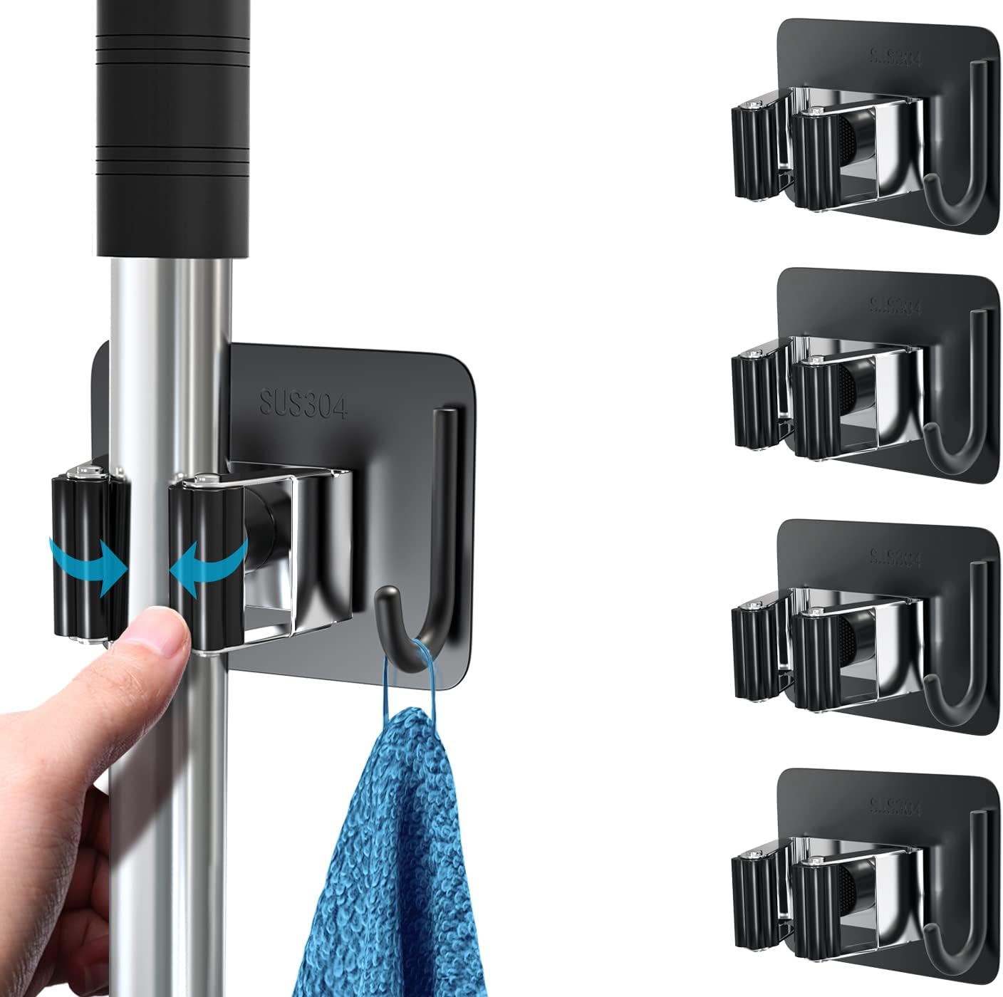Mop Broom Holder No Drill, Mop Broom Organizer Wall Mounted Heavy Duty with Hooks Hanger, Self