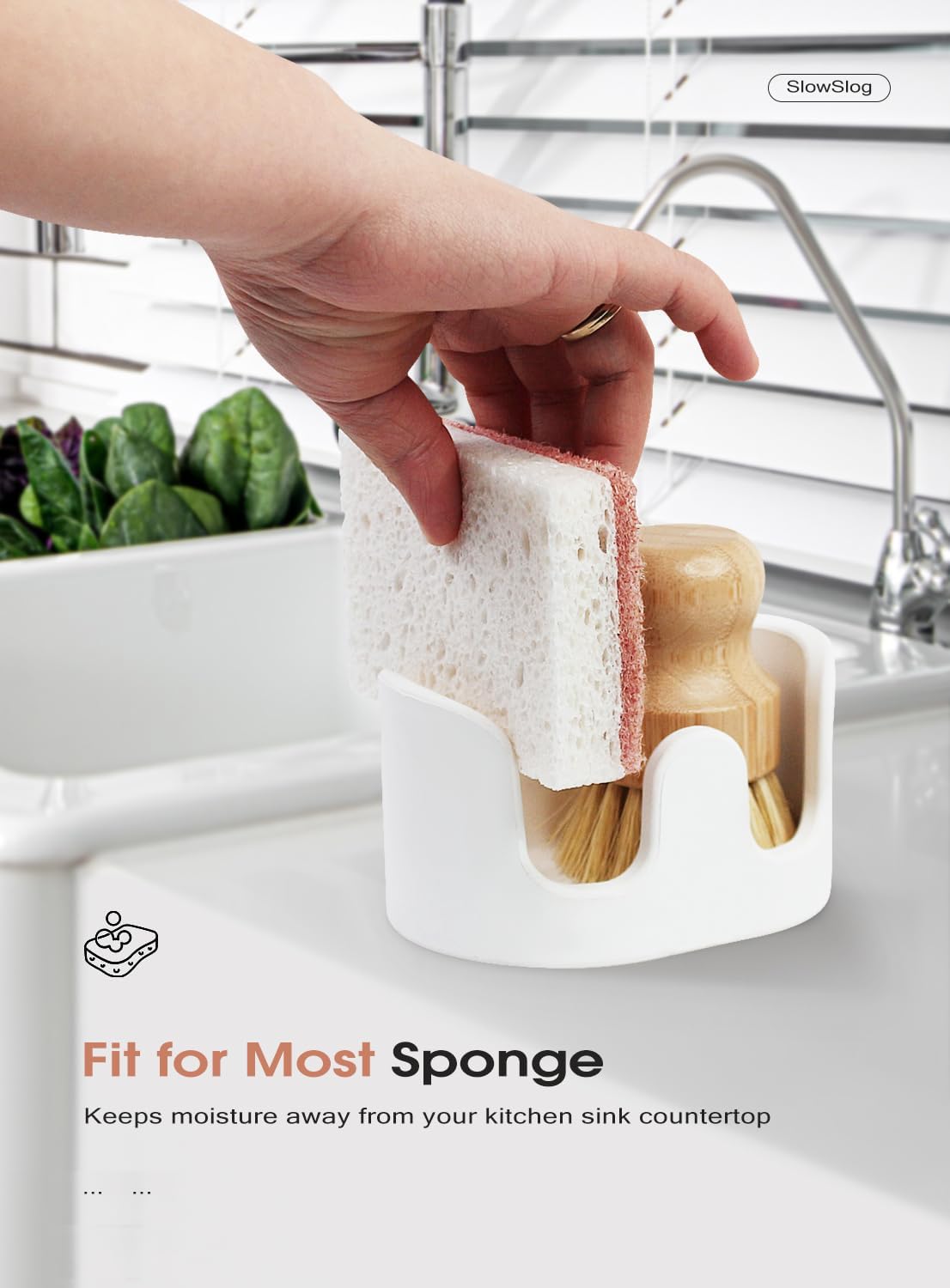 Double Sponge Holder, Water-Absorbing Stone Dish Sponge Caddy for Kitchen Sink Counter, Fast-Drying