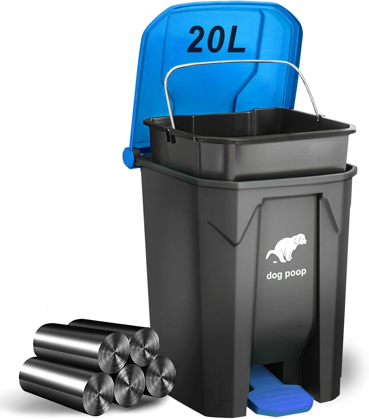 Dog Poop Trash Can Outside, 20L/5Gallon Dog Waste Trash Can with Lid, Pedal and Removable Inner